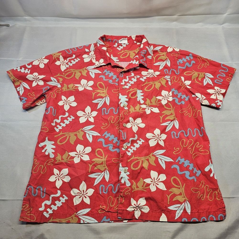 Barefoot In Paradise Mens Hawaiian Camp Shirt Button Up Floral Red‎ Size Large